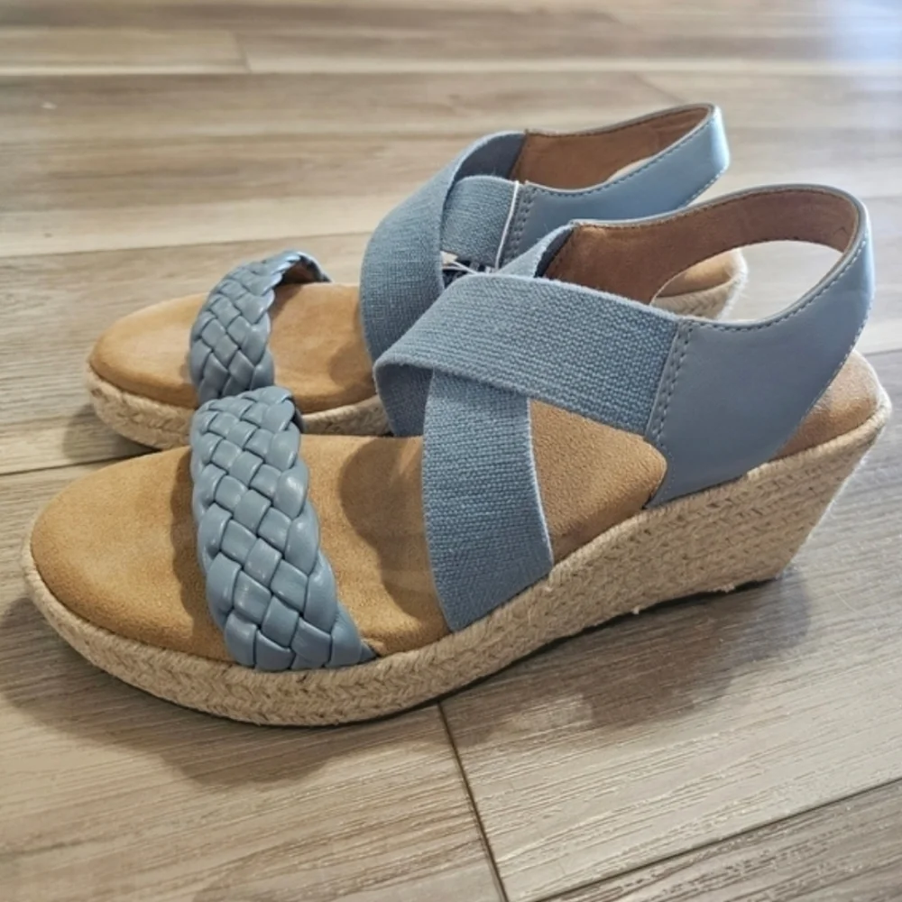 NEW Espadrille Women's Espadrille Wedge Sandals Blue Braided Elastic Slingback - Picture 6 of 13